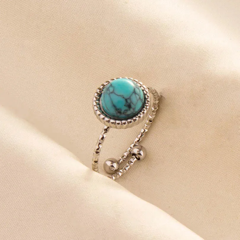 Boho Turquoise Adjustable Ring - Stainless Steel Ethnic Jewelry