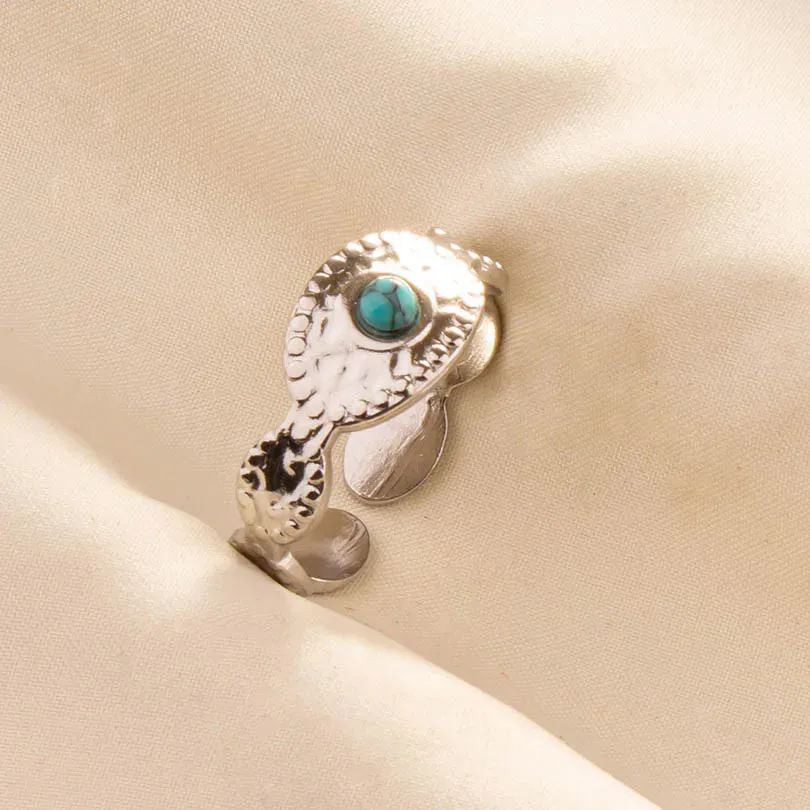 Boho Turquoise Adjustable Ring - Stainless Steel Ethnic Jewelry