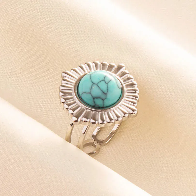 Boho Turquoise Adjustable Ring - Stainless Steel Ethnic Jewelry