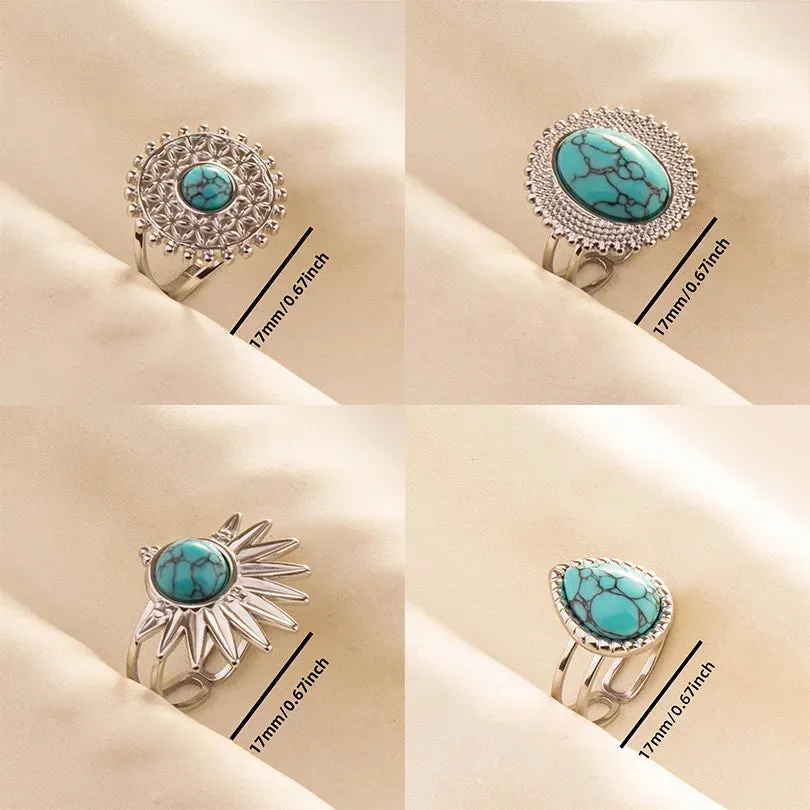 Boho Turquoise Adjustable Ring - Stainless Steel Ethnic Jewelry