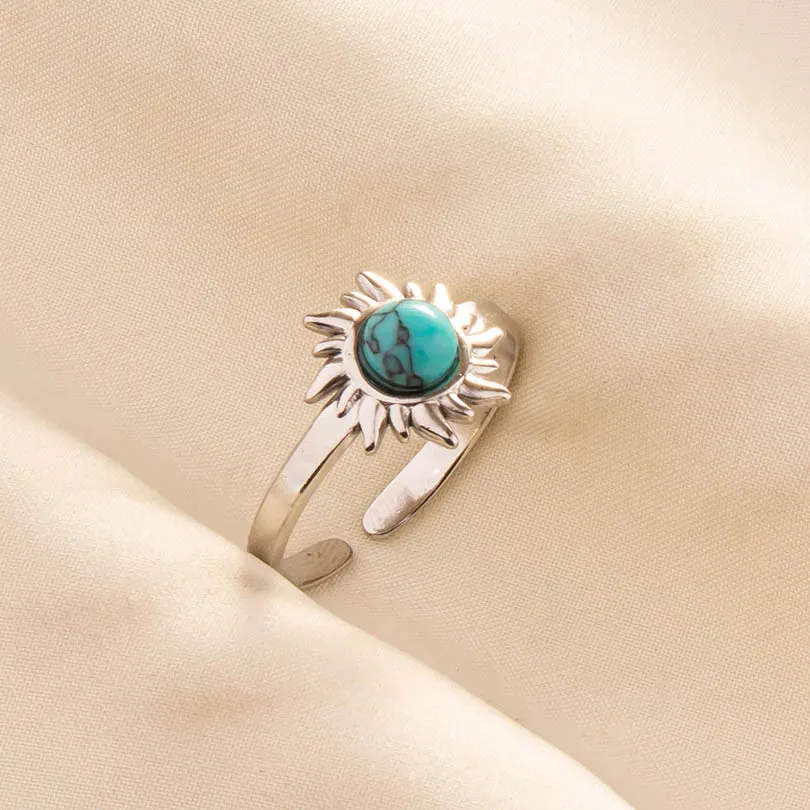 Boho Turquoise Adjustable Ring - Stainless Steel Ethnic Jewelry