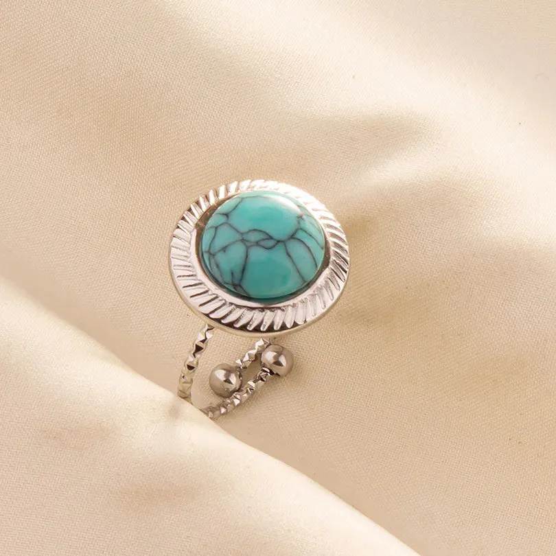 Boho Turquoise Adjustable Ring - Stainless Steel Ethnic Jewelry