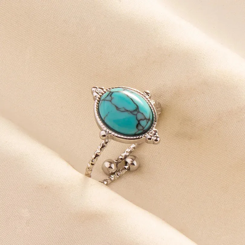 Boho Turquoise Adjustable Ring - Stainless Steel Ethnic Jewelry