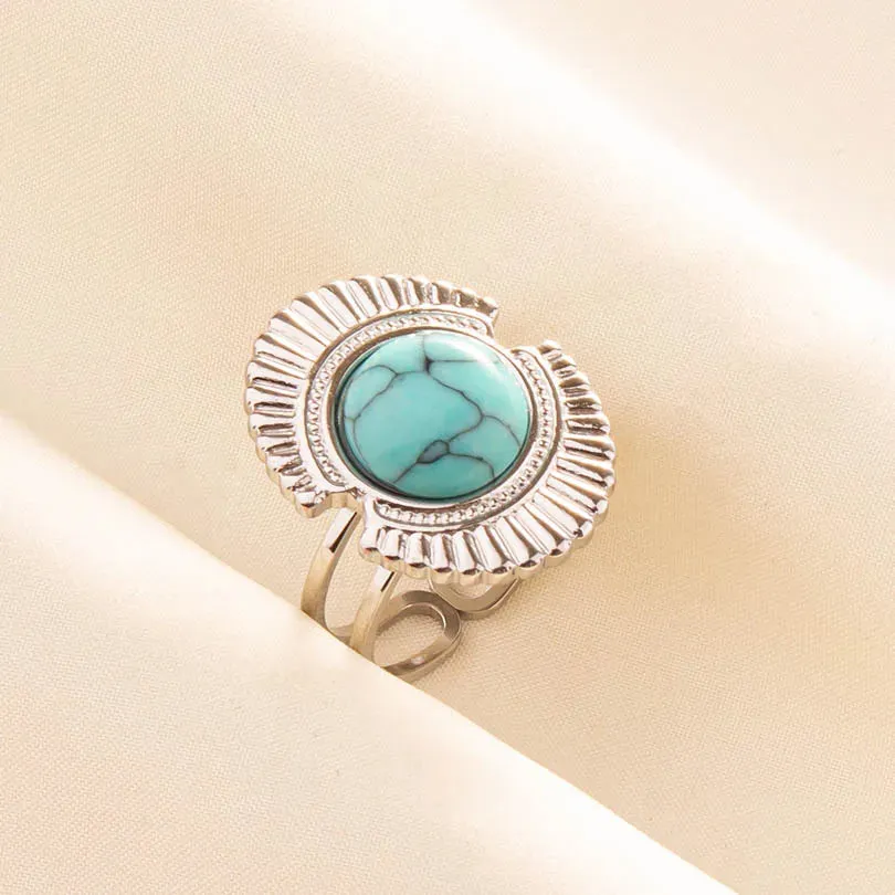 Boho Turquoise Adjustable Ring - Stainless Steel Ethnic Jewelry