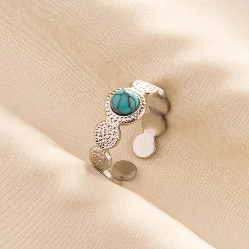 Boho Turquoise Adjustable Ring - Stainless Steel Ethnic Jewelry