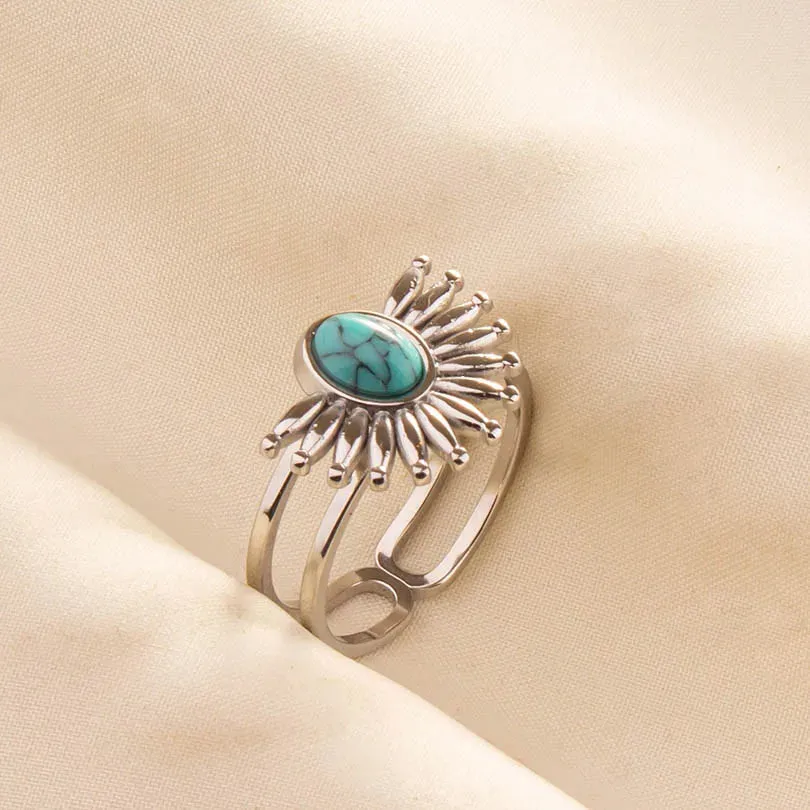 Boho Turquoise Adjustable Ring - Stainless Steel Ethnic Jewelry