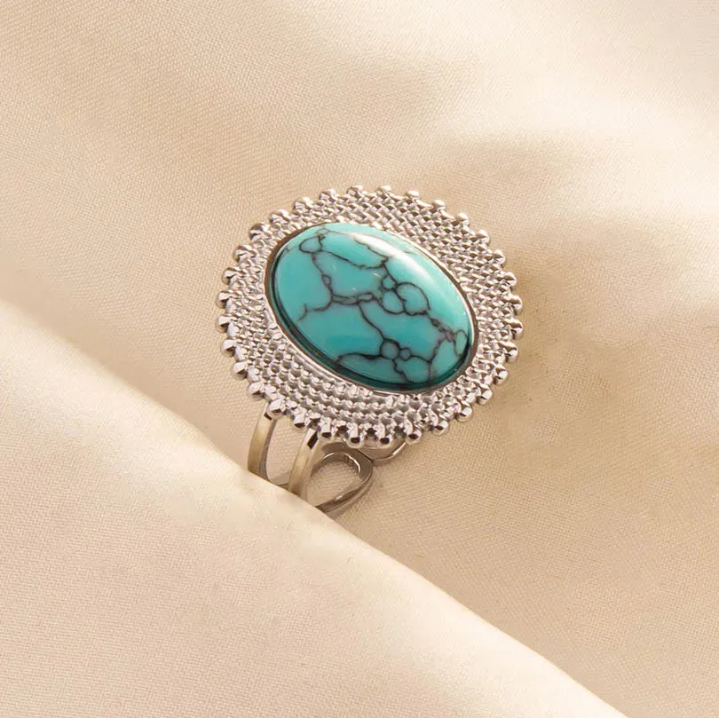 Boho Turquoise Adjustable Ring - Stainless Steel Ethnic Jewelry