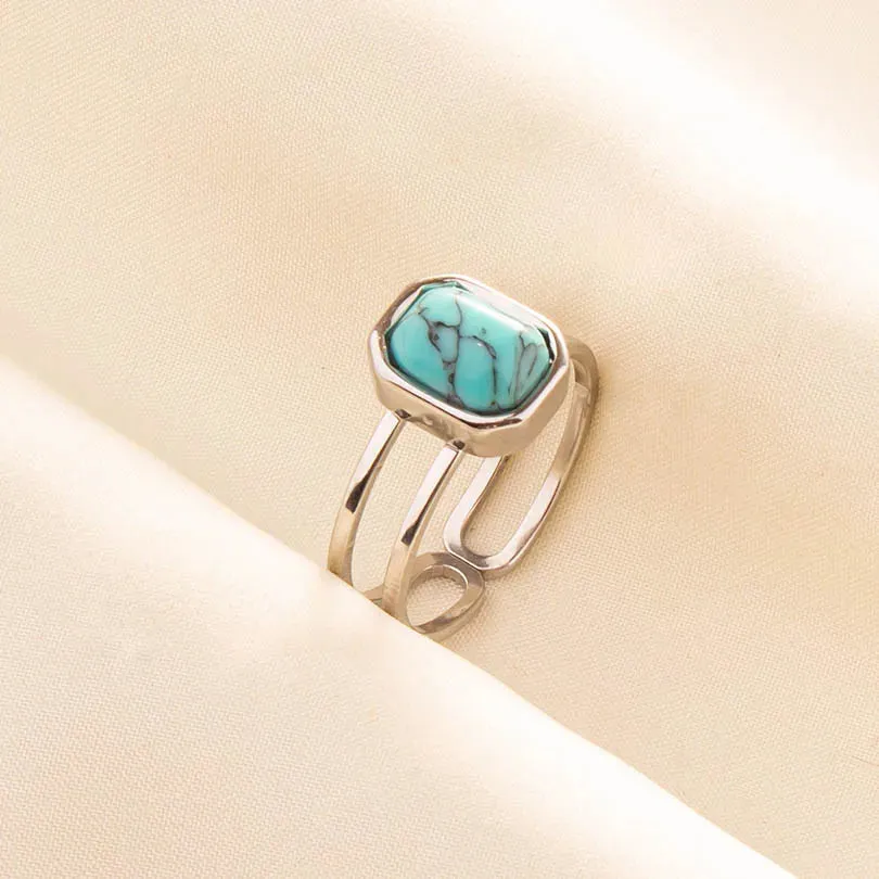 Boho Turquoise Adjustable Ring - Stainless Steel Ethnic Jewelry