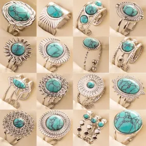 Boho Turquoise Adjustable Ring - Stainless Steel Ethnic Jewelry