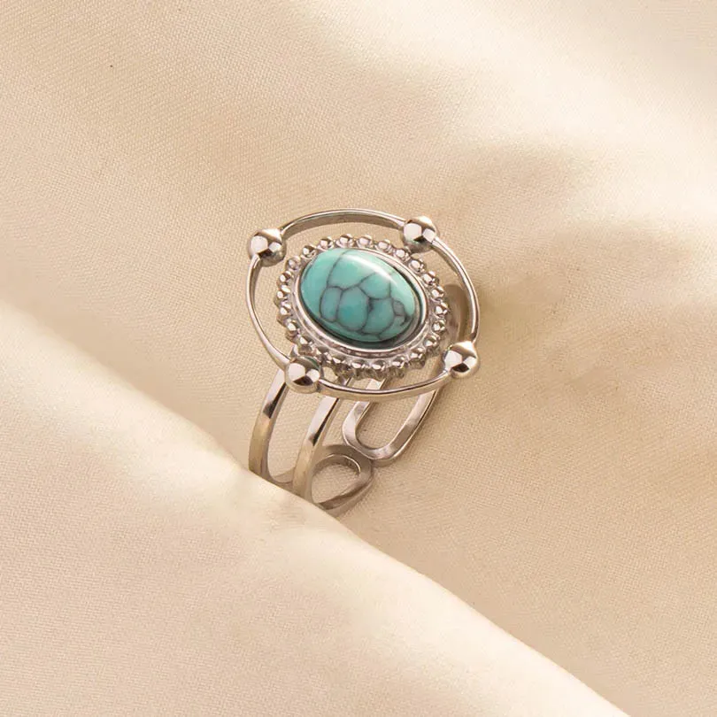 Boho Turquoise Adjustable Ring - Stainless Steel Ethnic Jewelry