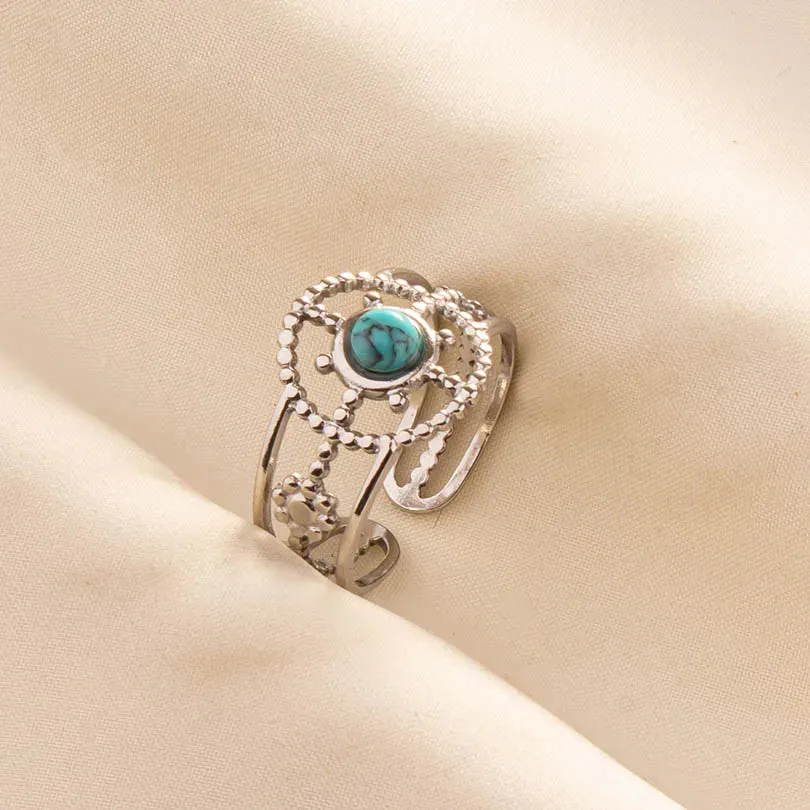 Boho Turquoise Adjustable Ring - Stainless Steel Ethnic Jewelry