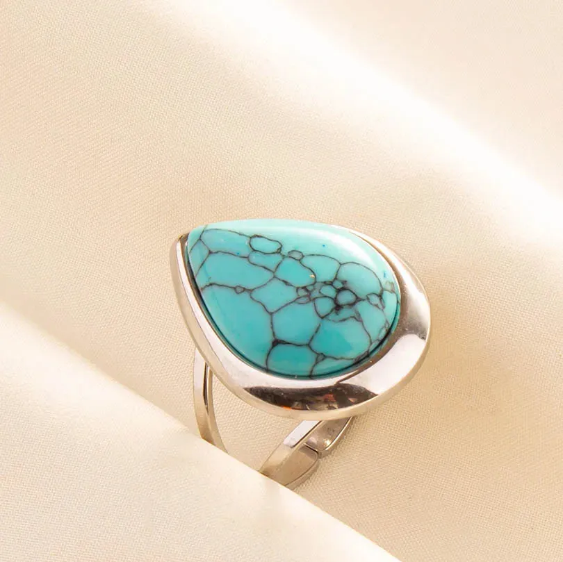 Boho Turquoise Adjustable Ring - Stainless Steel Ethnic Jewelry