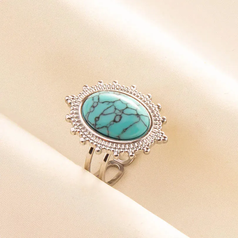 Boho Turquoise Adjustable Ring - Stainless Steel Ethnic Jewelry