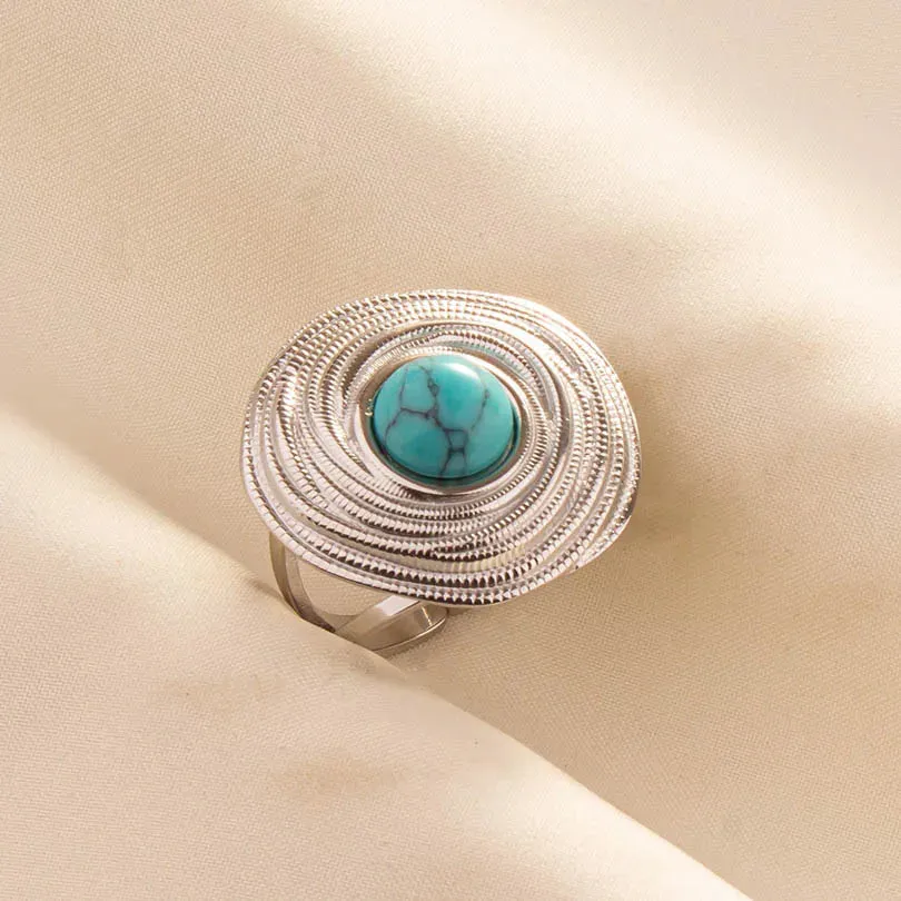 Boho Turquoise Adjustable Ring - Stainless Steel Ethnic Jewelry