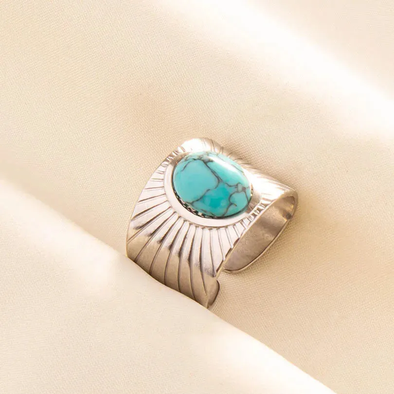 Boho Turquoise Adjustable Ring - Stainless Steel Ethnic Jewelry