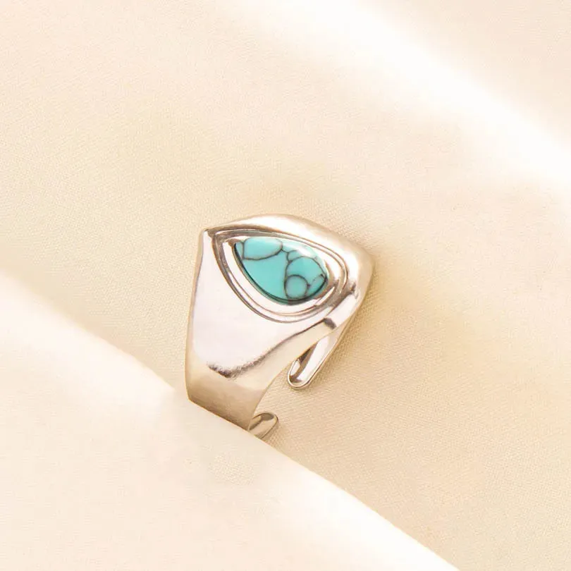 Boho Turquoise Adjustable Ring - Stainless Steel Ethnic Jewelry