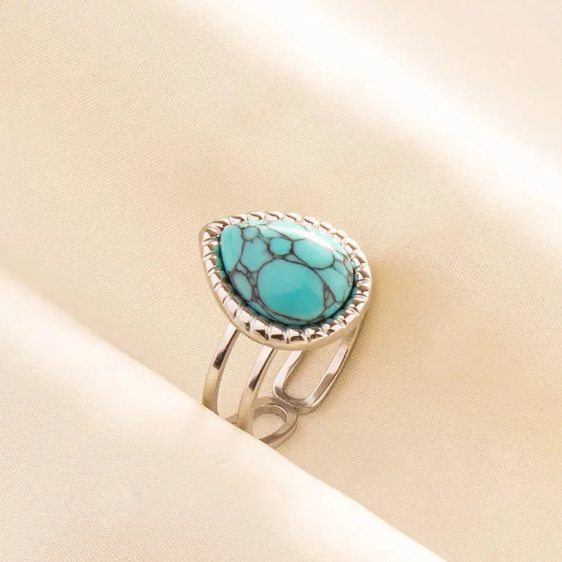 Boho Turquoise Adjustable Ring - Stainless Steel Ethnic Jewelry