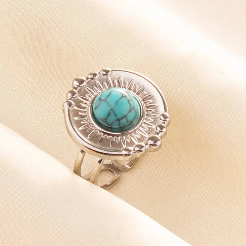 Boho Turquoise Adjustable Ring - Stainless Steel Ethnic Jewelry