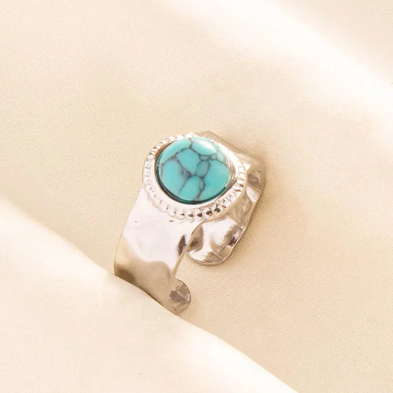 Boho Turquoise Adjustable Ring - Stainless Steel Ethnic Jewelry