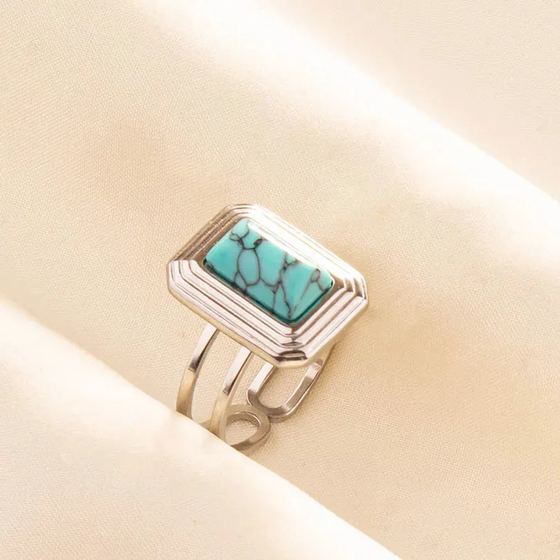 Boho Turquoise Adjustable Ring - Stainless Steel Ethnic Jewelry