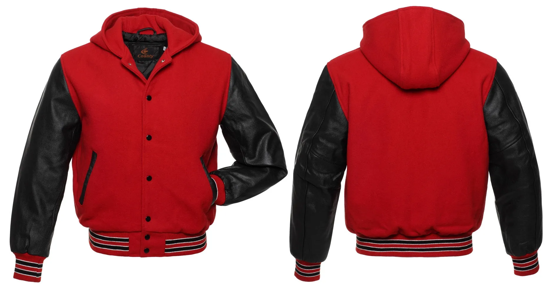 Bomber Varsity Letterman Baseball Hoodie Jacket Red Body Black Leather Sleeves