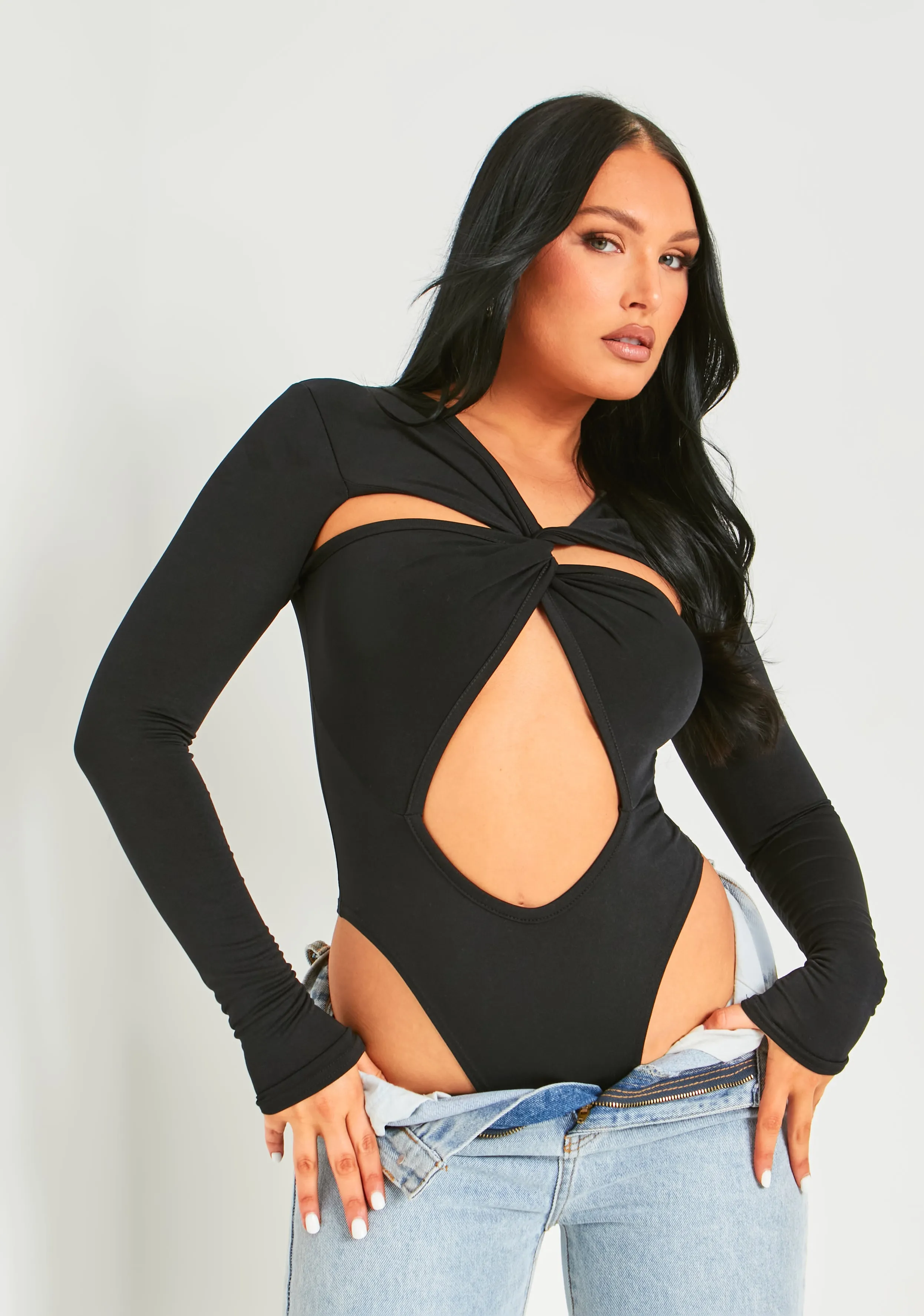 Bronte Black Cut Out Asymmetric Long Sleeve Bodysuit