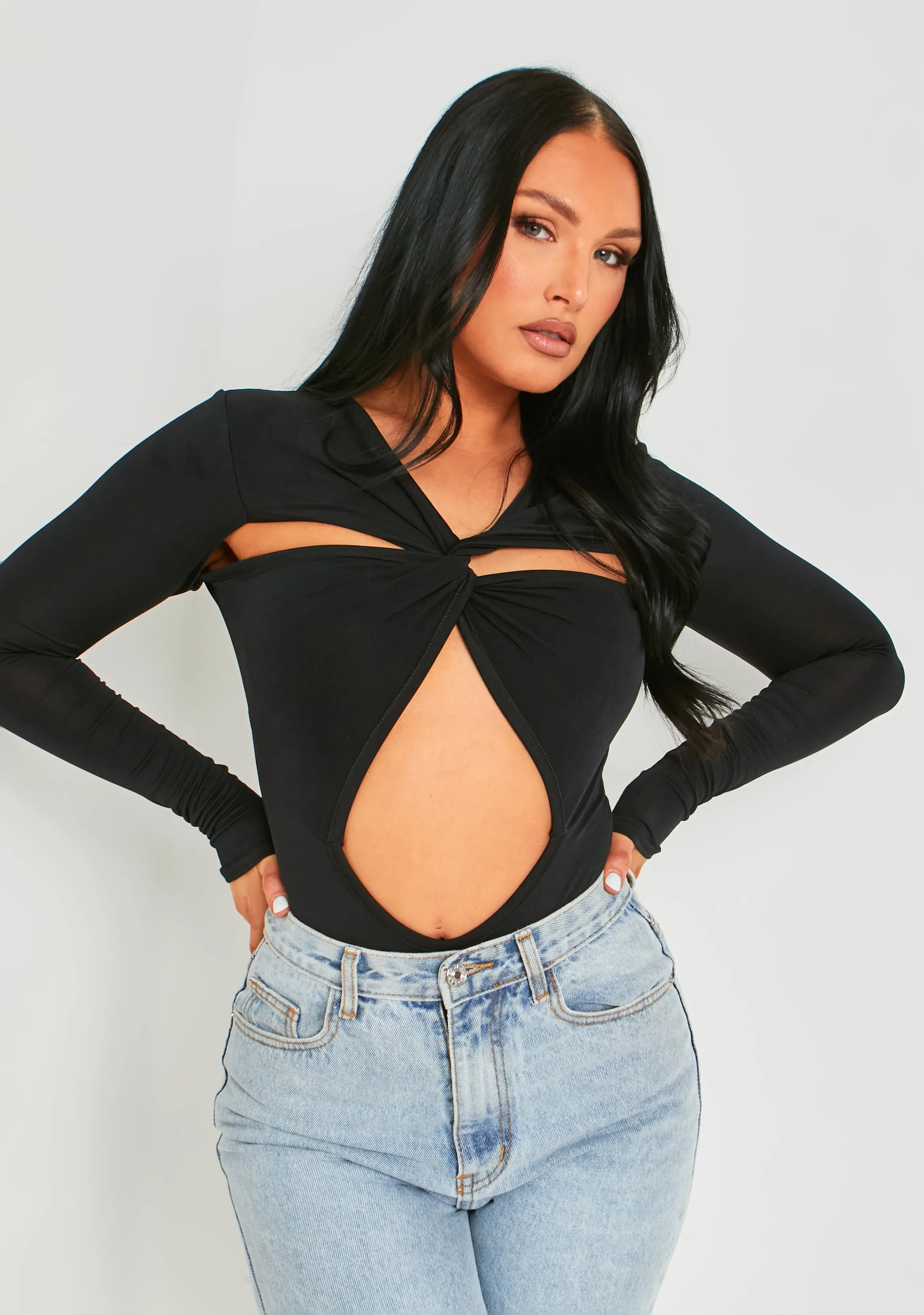 Bronte Black Cut Out Asymmetric Long Sleeve Bodysuit