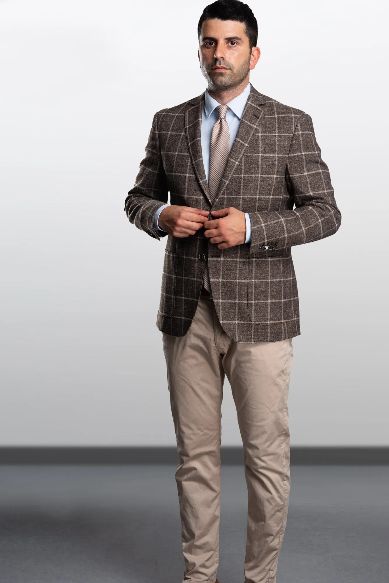 Brown Wool Blazer with Beige Windowpane