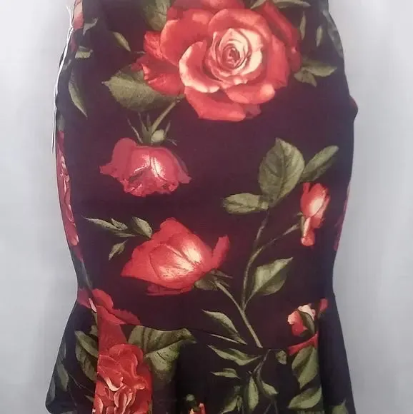 Burgundy or Black Pencil Skirt with Big Flowers