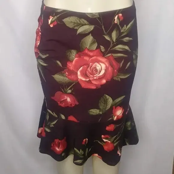 Burgundy or Black Pencil Skirt with Big Flowers