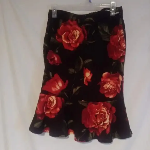 Burgundy or Black Pencil Skirt with Big Flowers