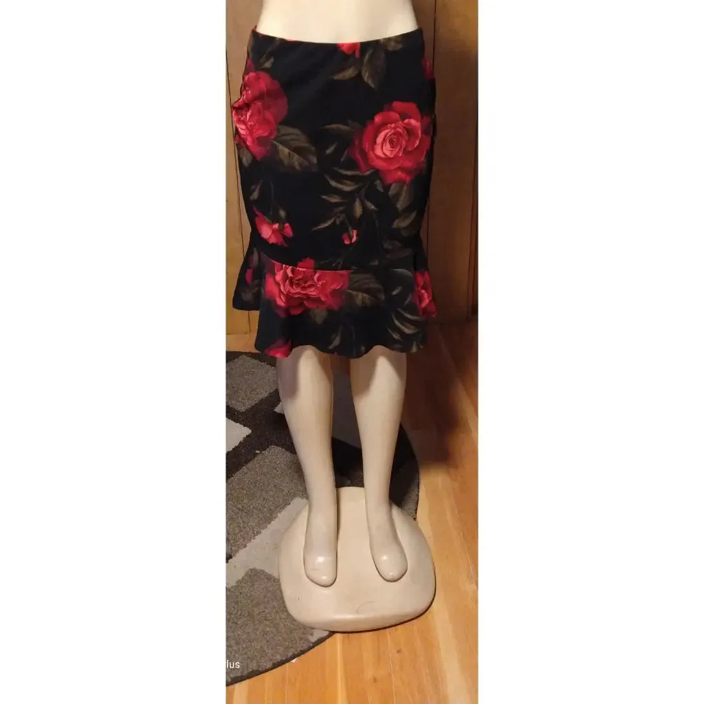 Burgundy or Black Pencil Skirt with Big Flowers