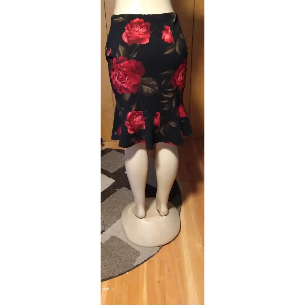 Burgundy or Black Pencil Skirt with Big Flowers