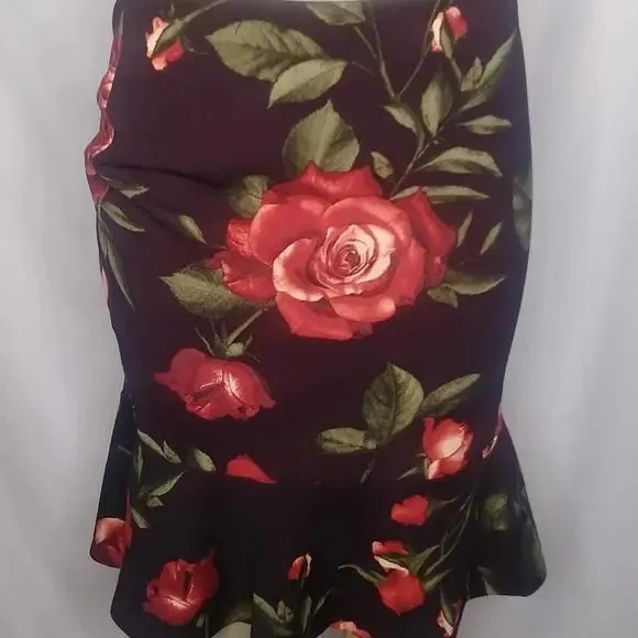 Burgundy or Black Pencil Skirt with Big Flowers