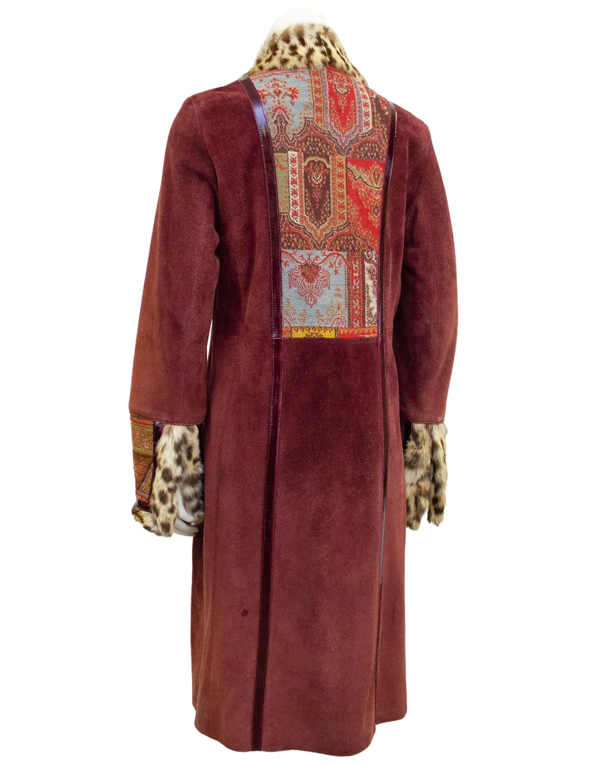 Burgundy Suede & Paisley Coat With Stencilled Fur