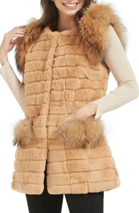 Camel Brown Genuine Rabbit Fur Coat With Fox Fur Sleeveless Winter Vest