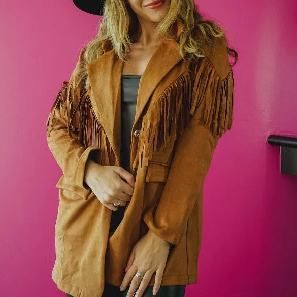 Camel Concho Button Down Fringe Lapel Blazer Plus Size Bourbon Cowgirl