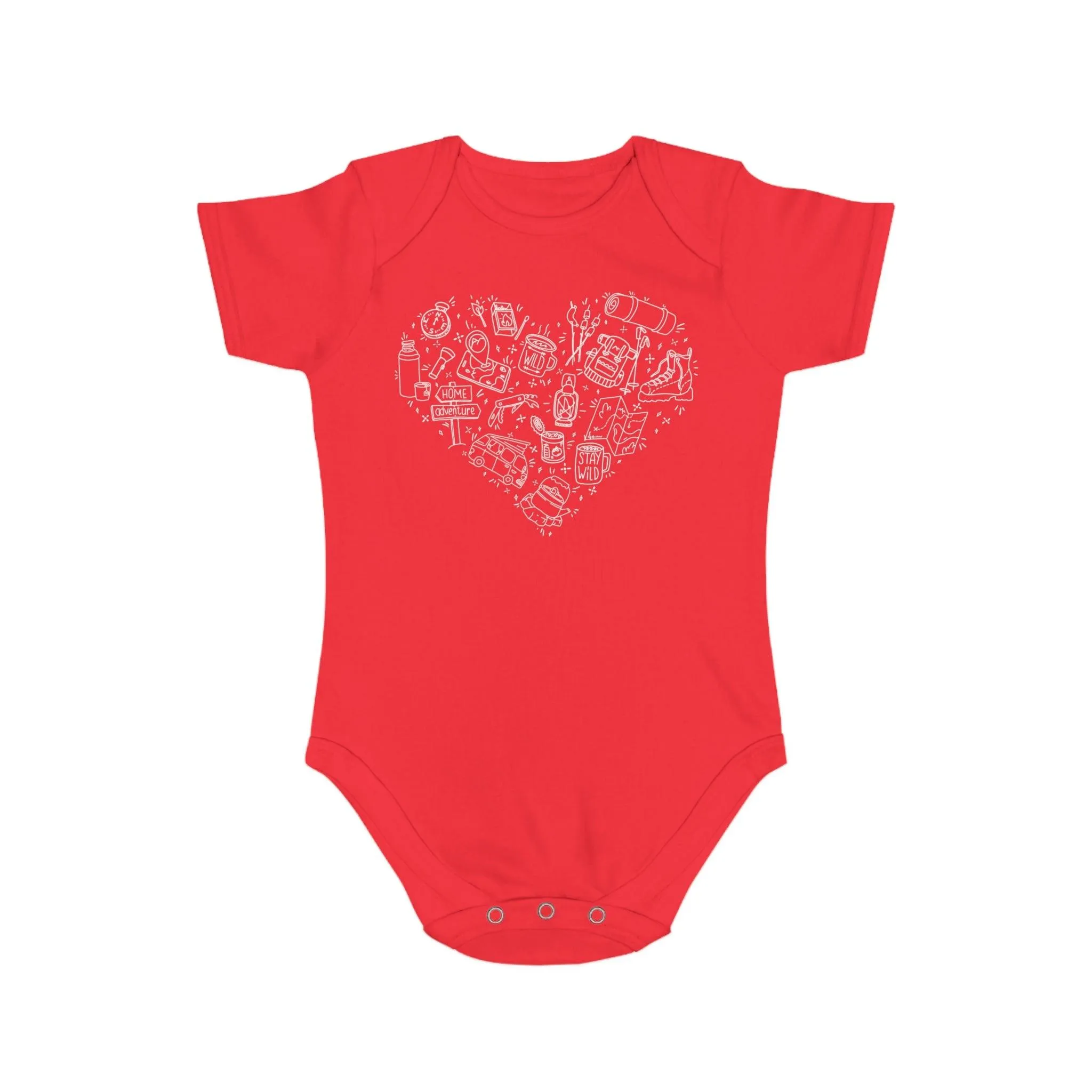 Camping Illustration Heart 100% Cotton Short Sleeve Baby Bodysuit