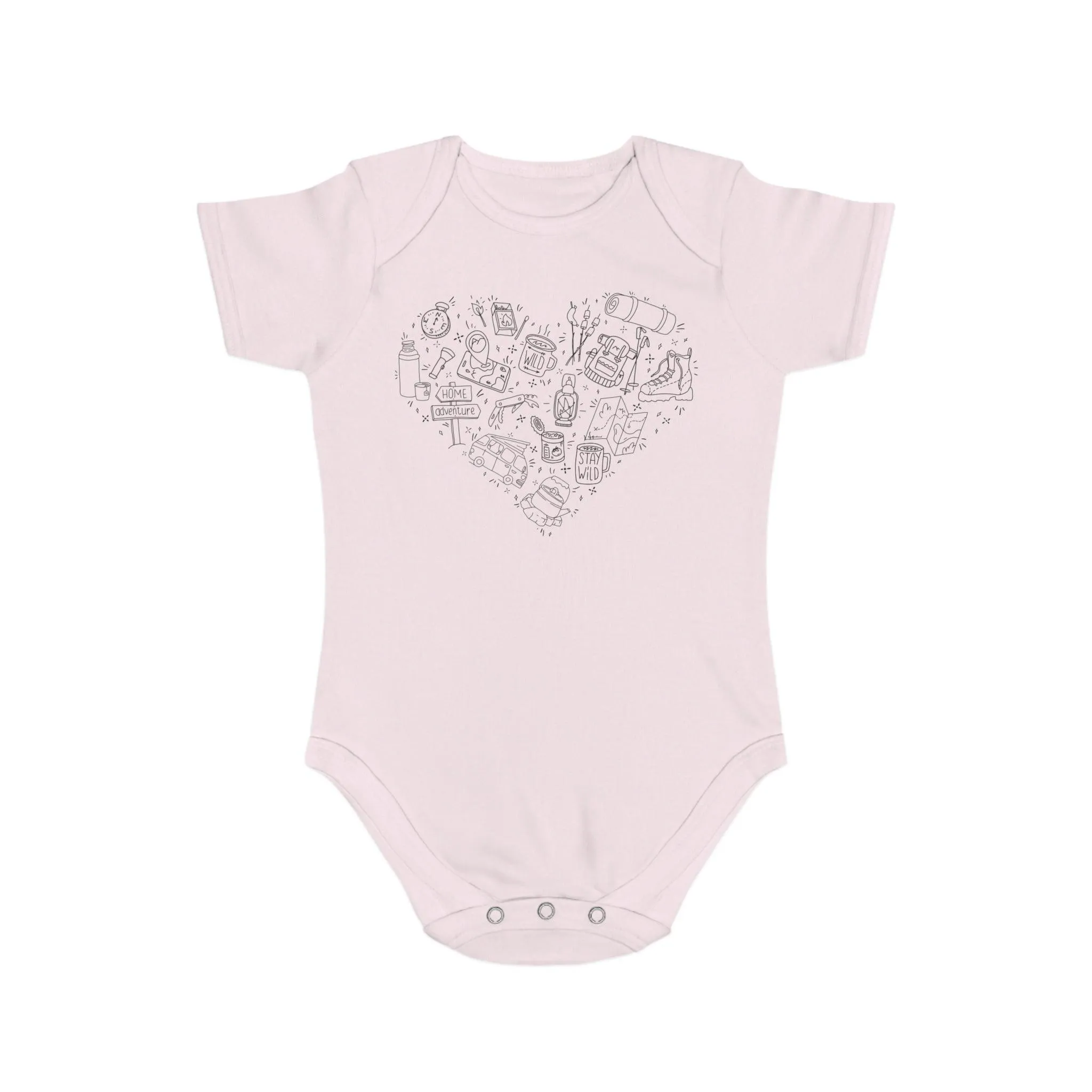 Camping Illustration Heart 100% Cotton Short Sleeve Baby Bodysuit