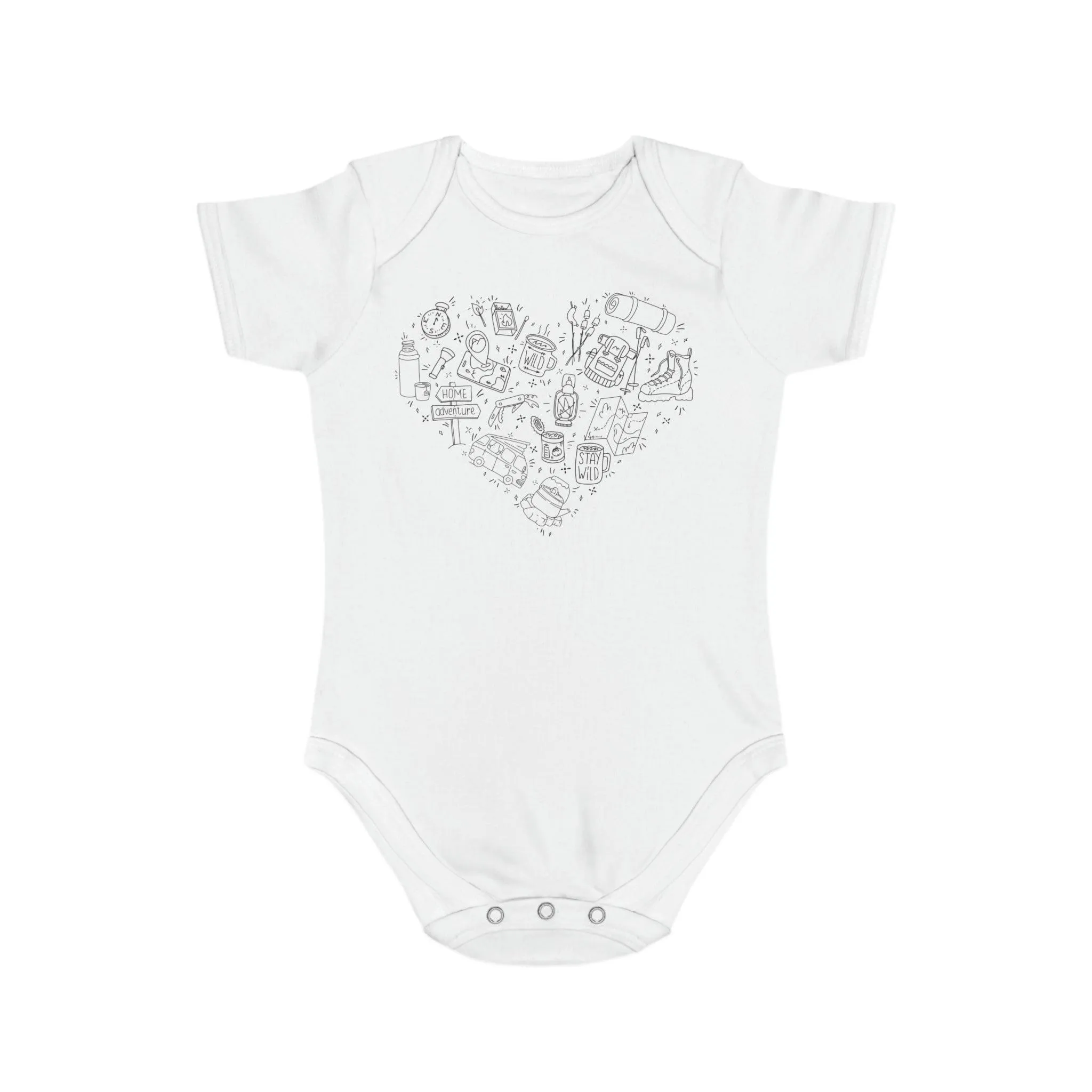 Camping Illustration Heart 100% Cotton Short Sleeve Baby Bodysuit