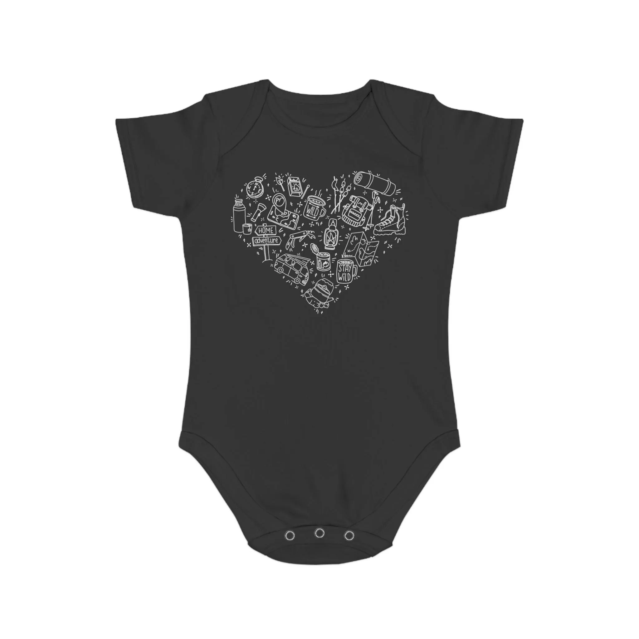 Camping Illustration Heart 100% Cotton Short Sleeve Baby Bodysuit