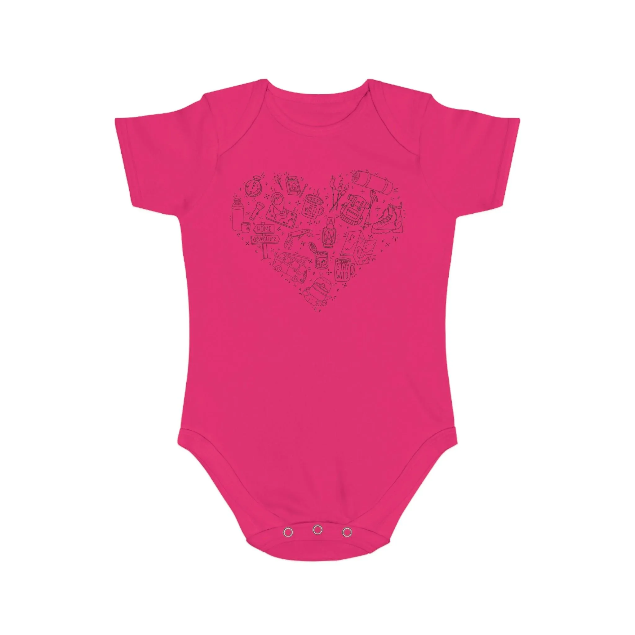 Camping Illustration Heart 100% Cotton Short Sleeve Baby Bodysuit