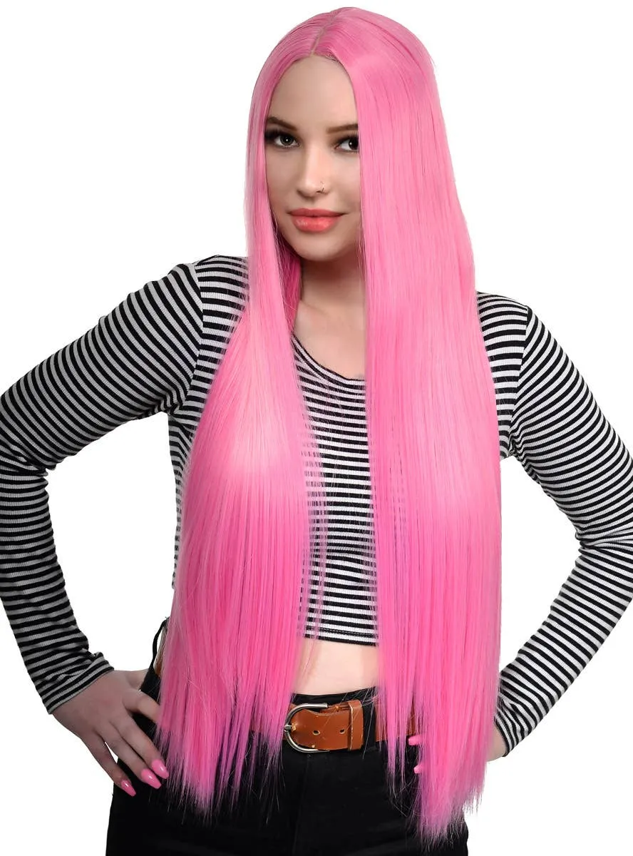 Candy Pink Extra Long Womens Synthetic Lace Part Fashion Wig