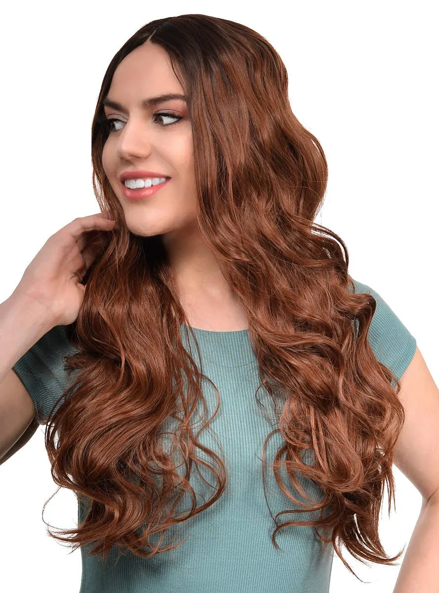 Chestnut Brown Rooted Long Curly Lace Part Synthetic Fashion Wig