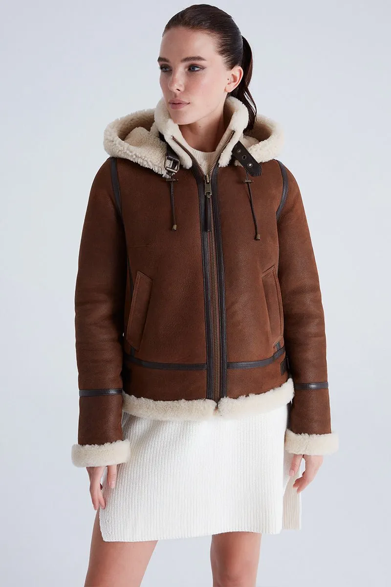 Chloe Women's Shearling Sheepskin Jacket with Detachable Hood - Whiskey