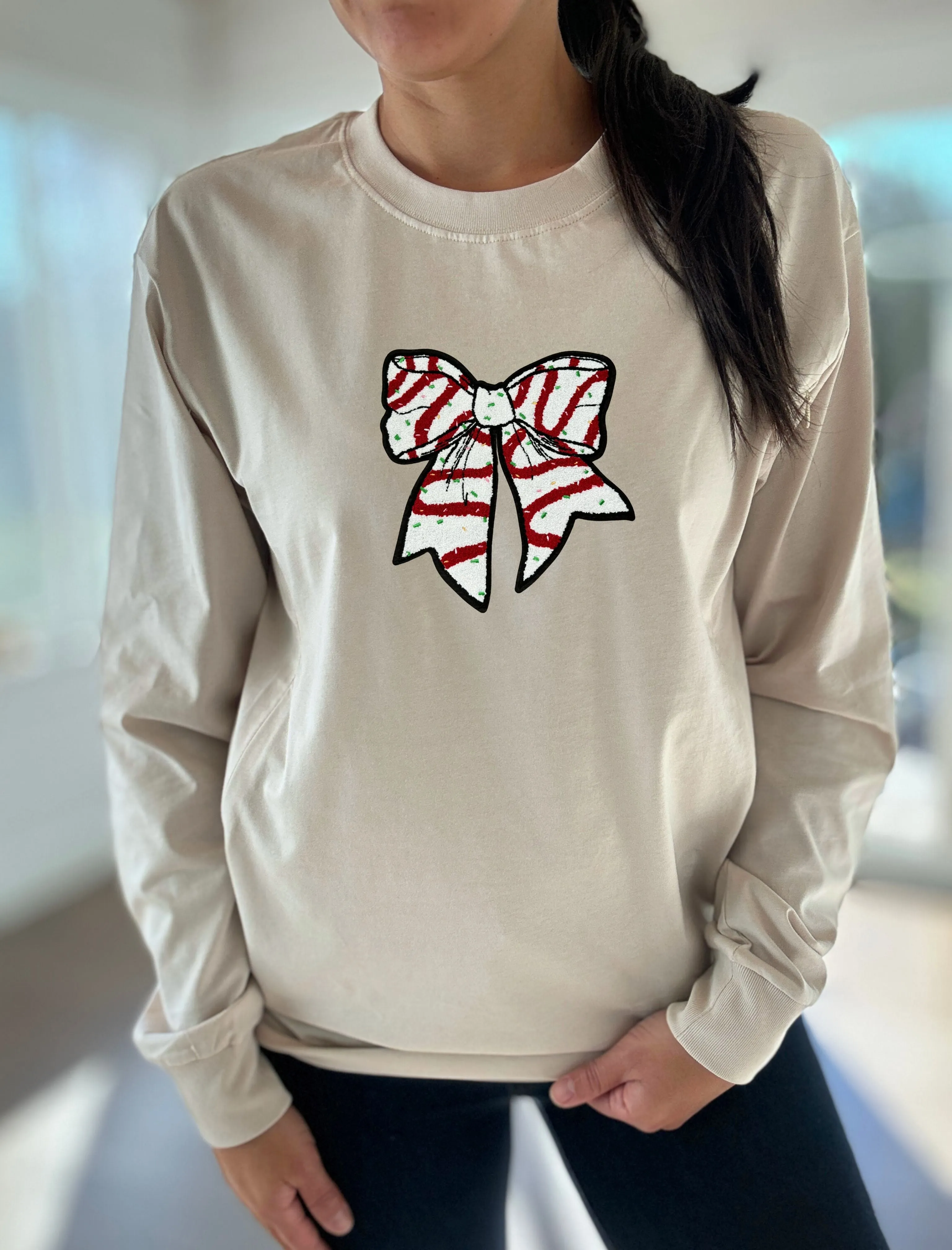 Christmas Bow Chenille Patch Long Sleeve Comfort Tee