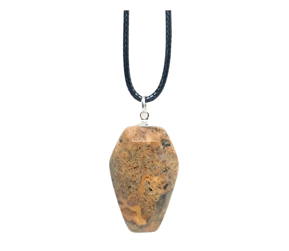 Crazy Lace Agate Crystal Coffin Pendant Necklace