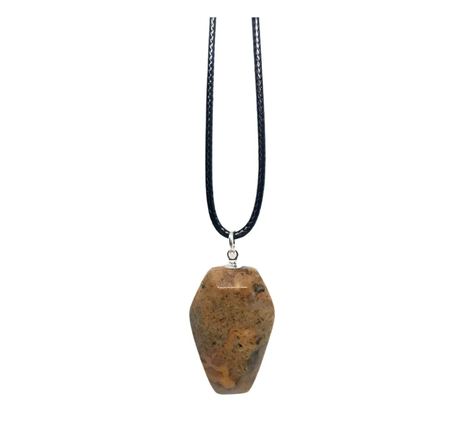 Crazy Lace Agate Crystal Coffin Pendant Necklace