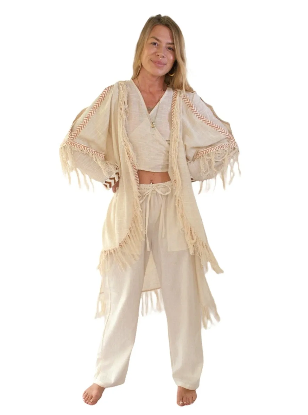 Cream Organic Cotton Shrug with Fringe