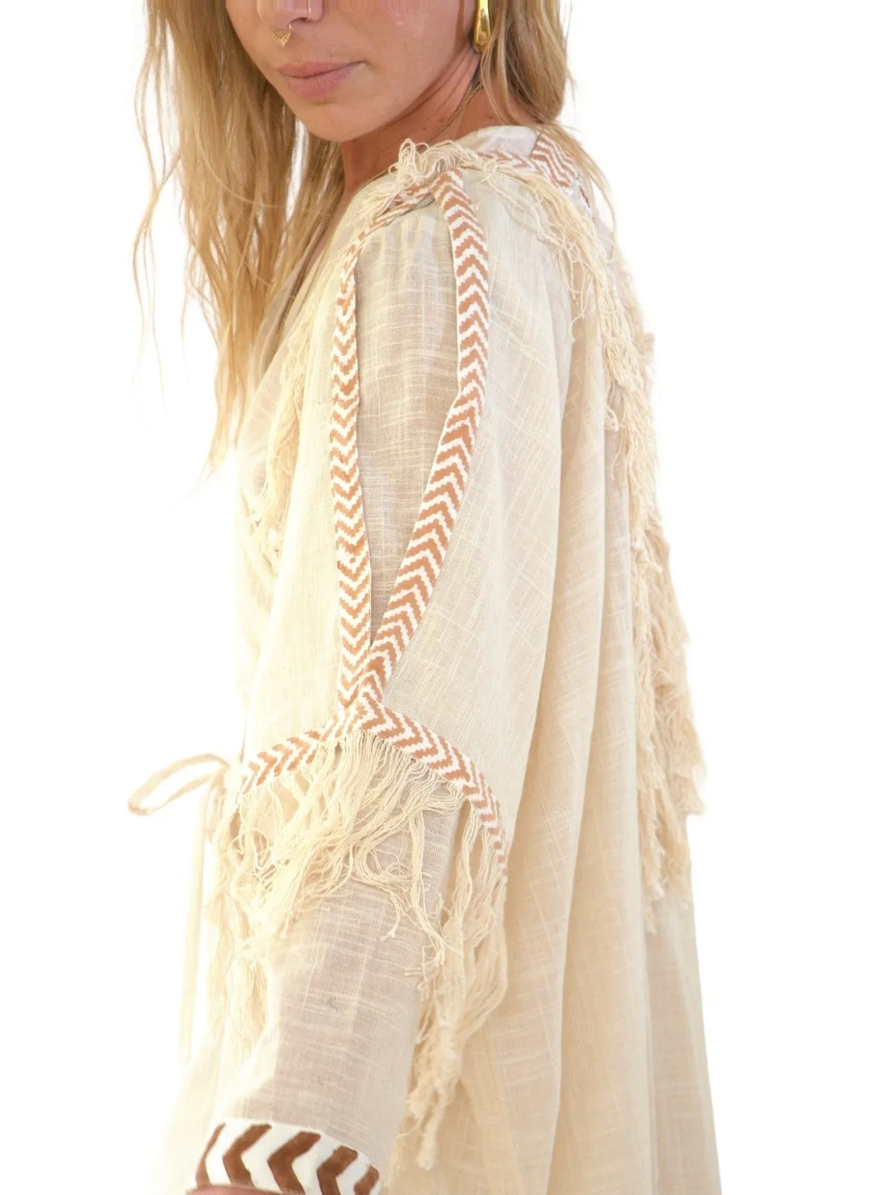 Cream Organic Cotton Shrug with Fringe